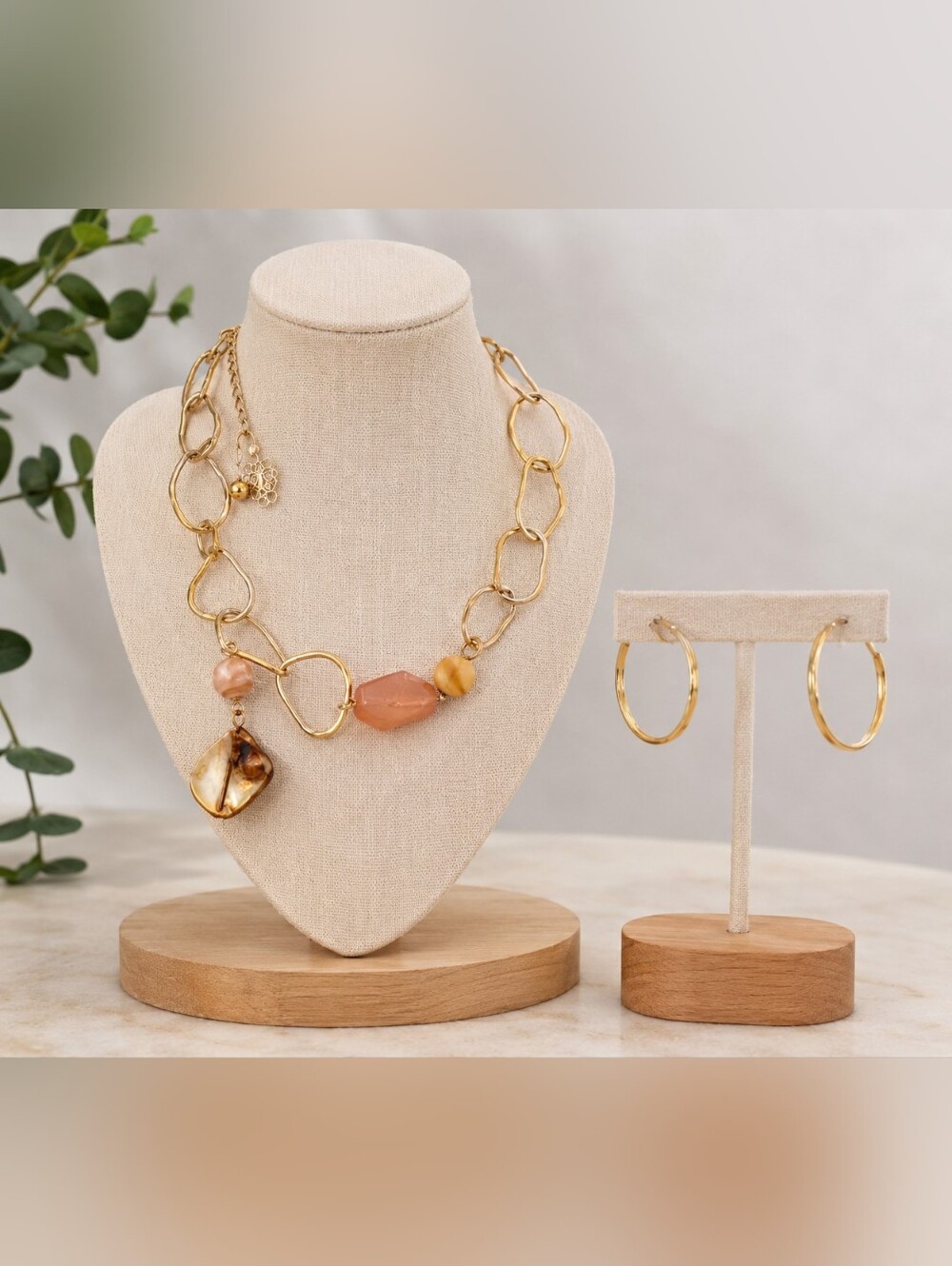 Gold Tone Organic Link Necklace & NAPIER Hoop Earrings Set Statement